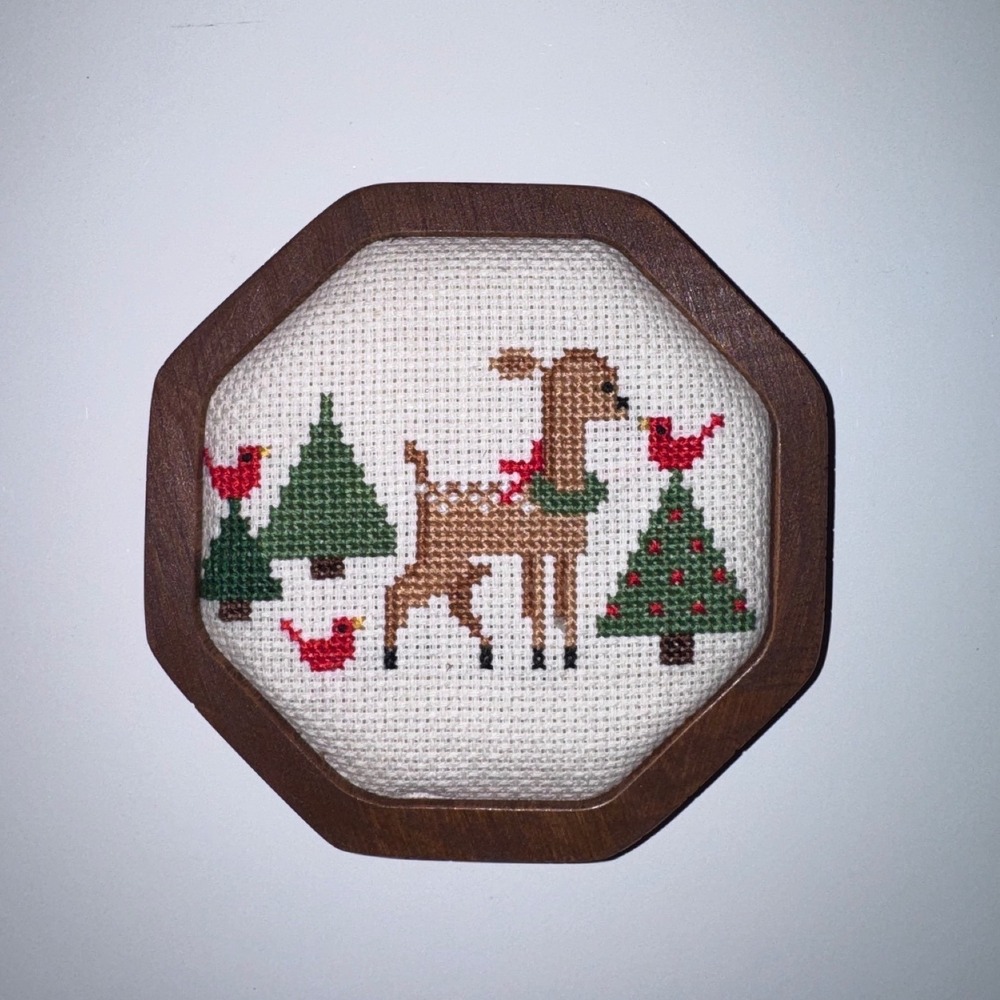 Vintage Handmade Cross Stitch Deer Cardinal Winter Scene Octagon Wood Frame Art